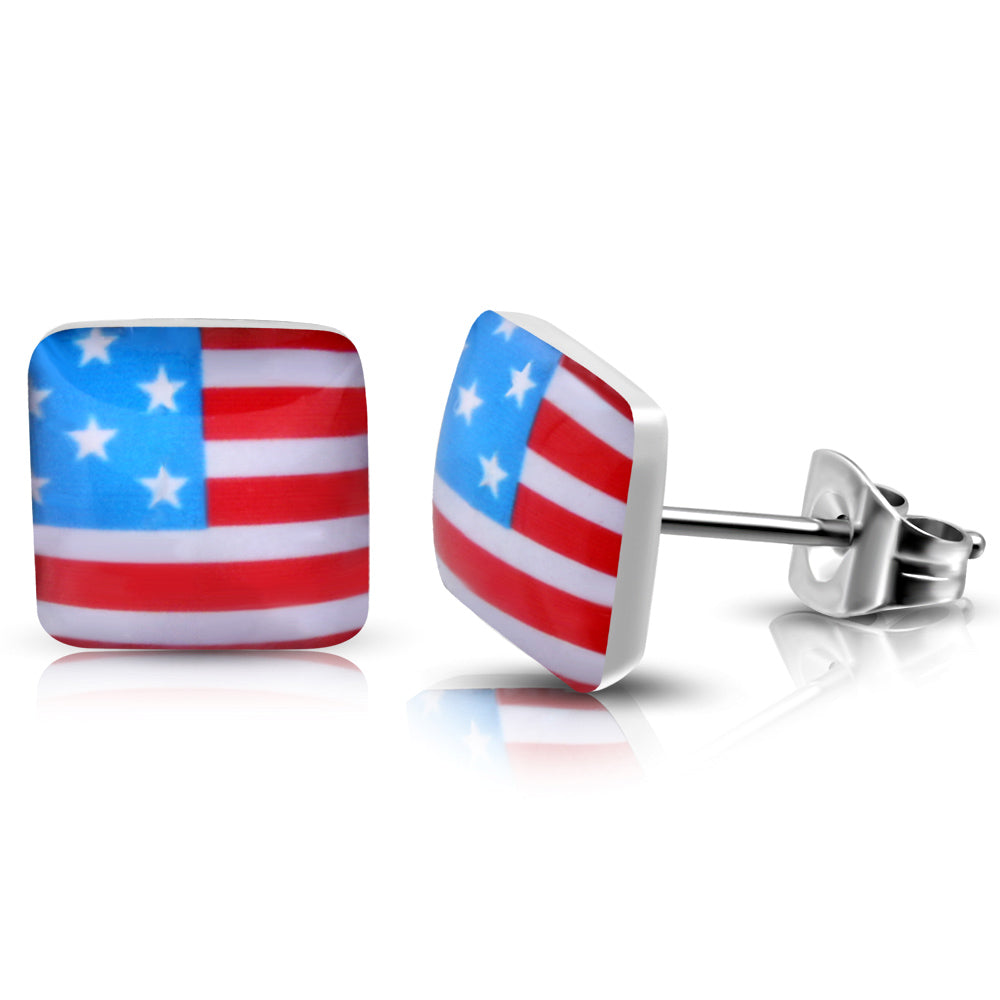 Stainless Steel Silver-Tone USA American Flag Patriotic Stud Earrings