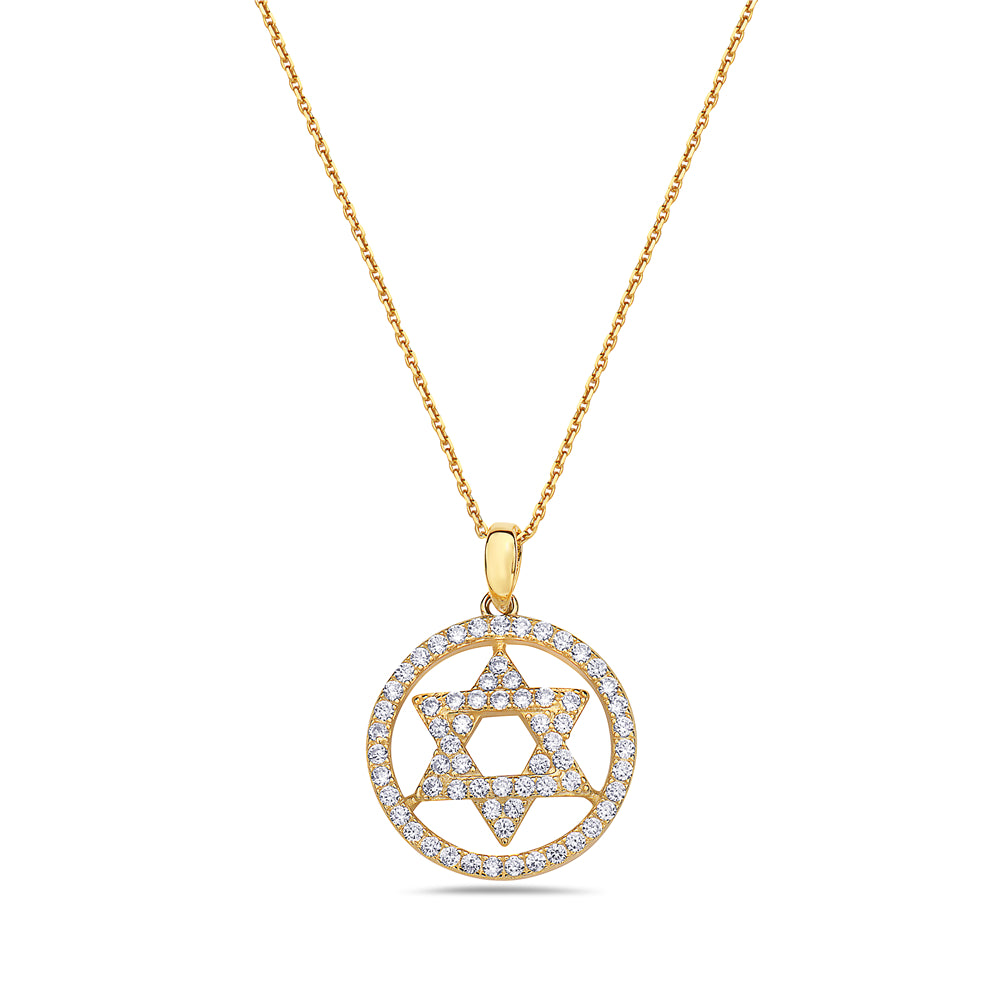 925 Sterling Silver Yellow Gold-Tone Jewish Star of David White CZ Pendant Necklace