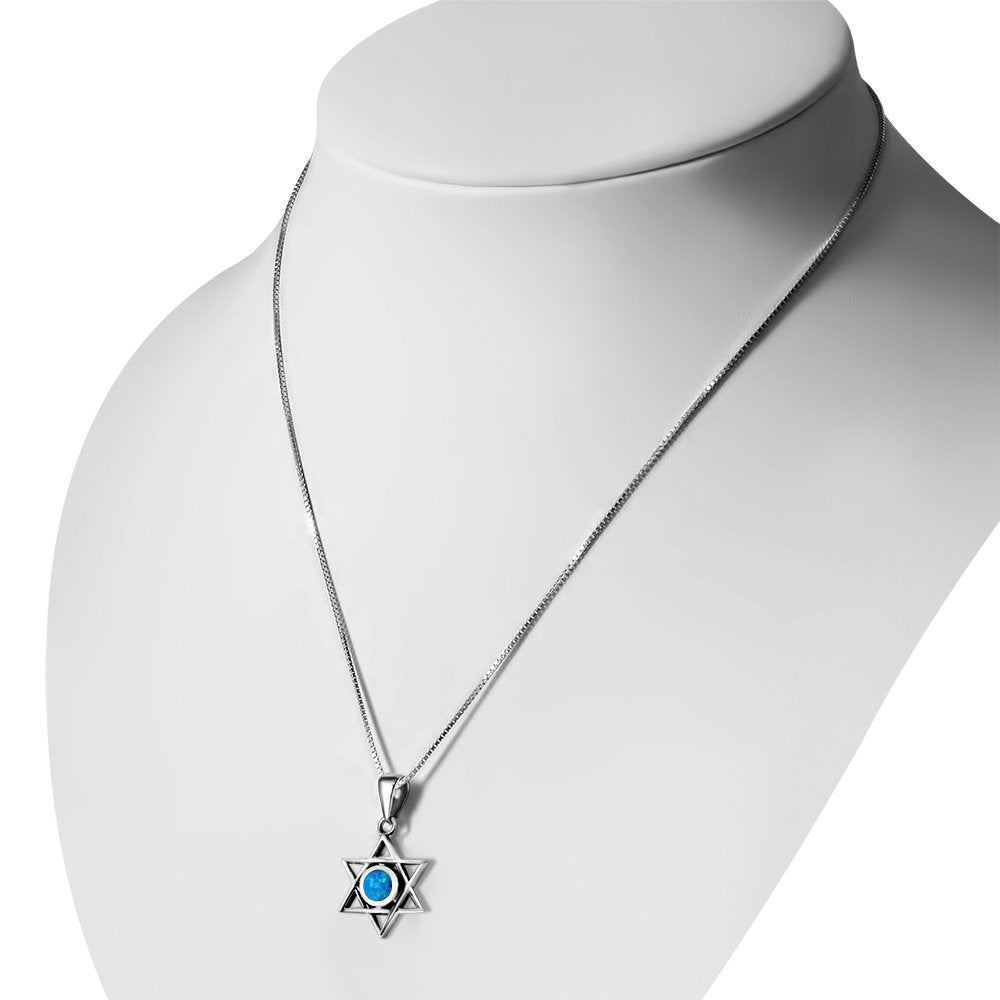 Blue Simulated Opal 925 Sterling Silver Star of David Pendant Necklace