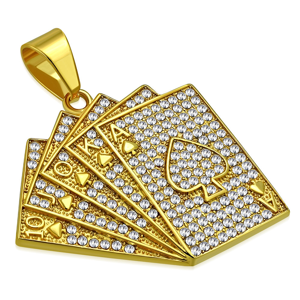 Stainless Steel Yellow Gold-Tone Royal Flush Spades Poker CZ Pendant Necklace, 30"