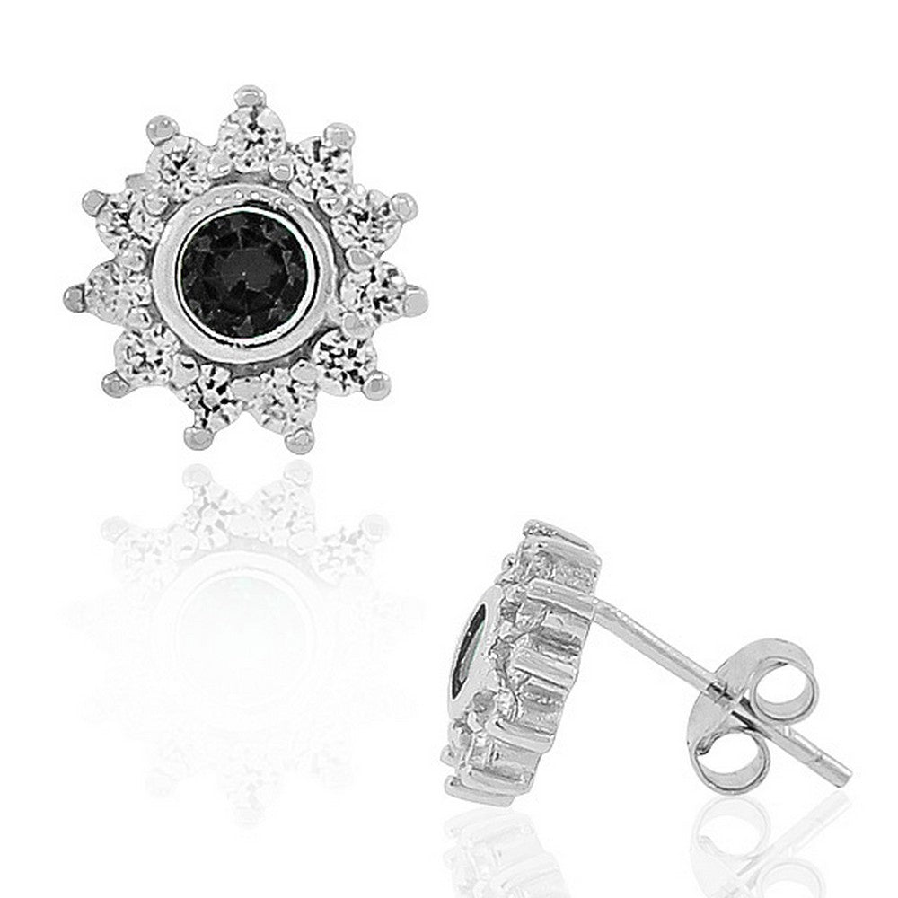 925 Sterling Silver Black CZ Womens Flower Floral Design Stud Earrings
