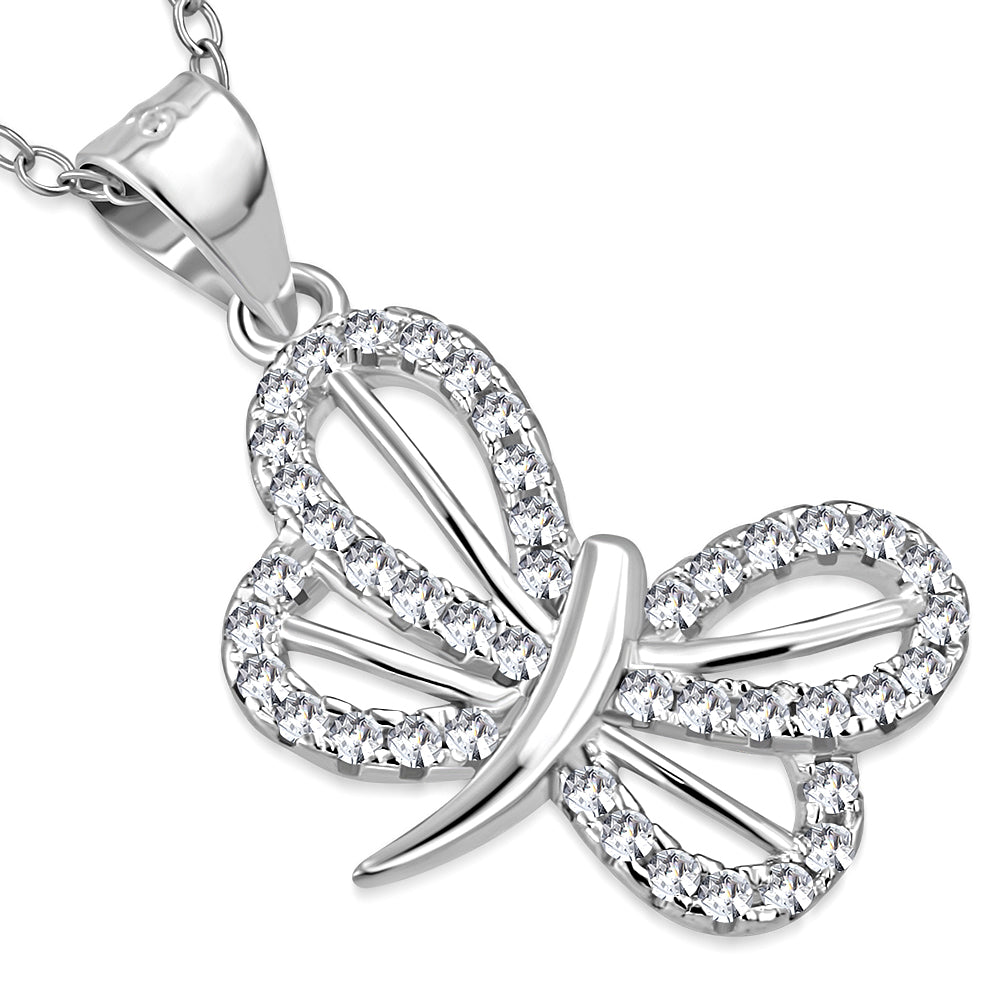 925 Sterling Silver Butterfly CZ Pendant Necklace