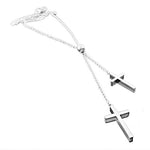 Stainless Steel Silver-Tone Double Two Cross Religious Necklace