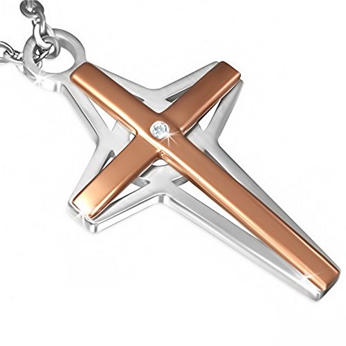 Stainless Steel Two-Tone White CZ Mens Womens Cross Pendant Nencklace