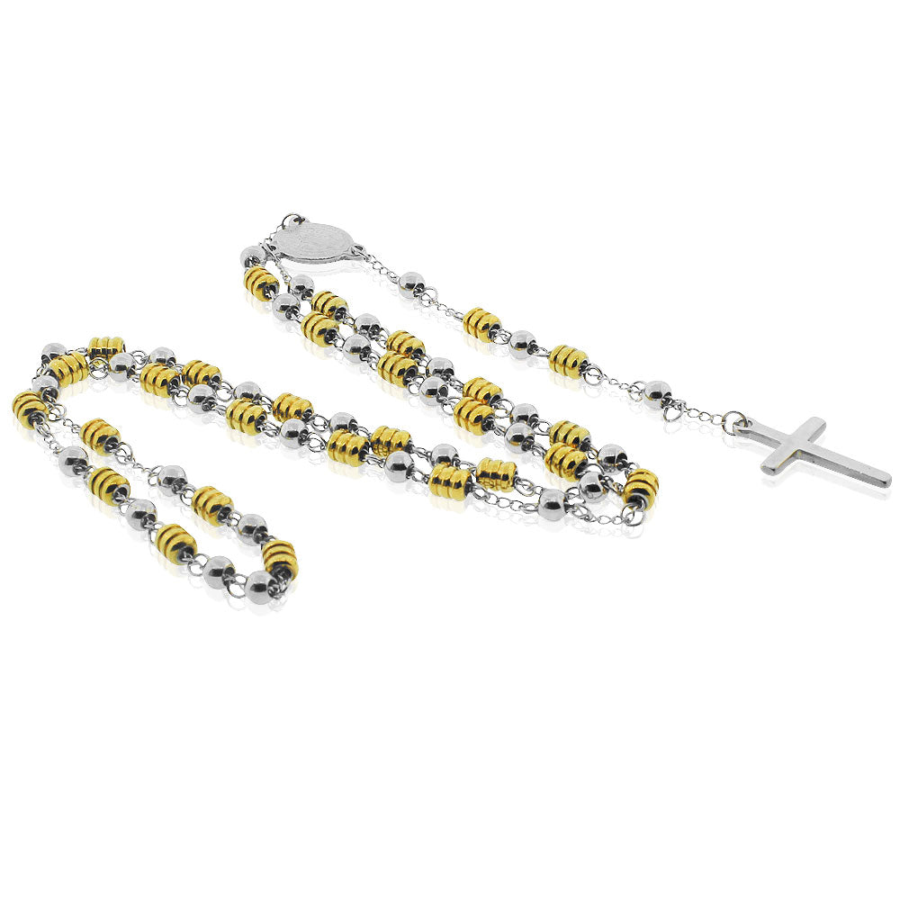 Stainless Steel Two-Tone St. Benedict Religious Cross Rosary Beads Necklace