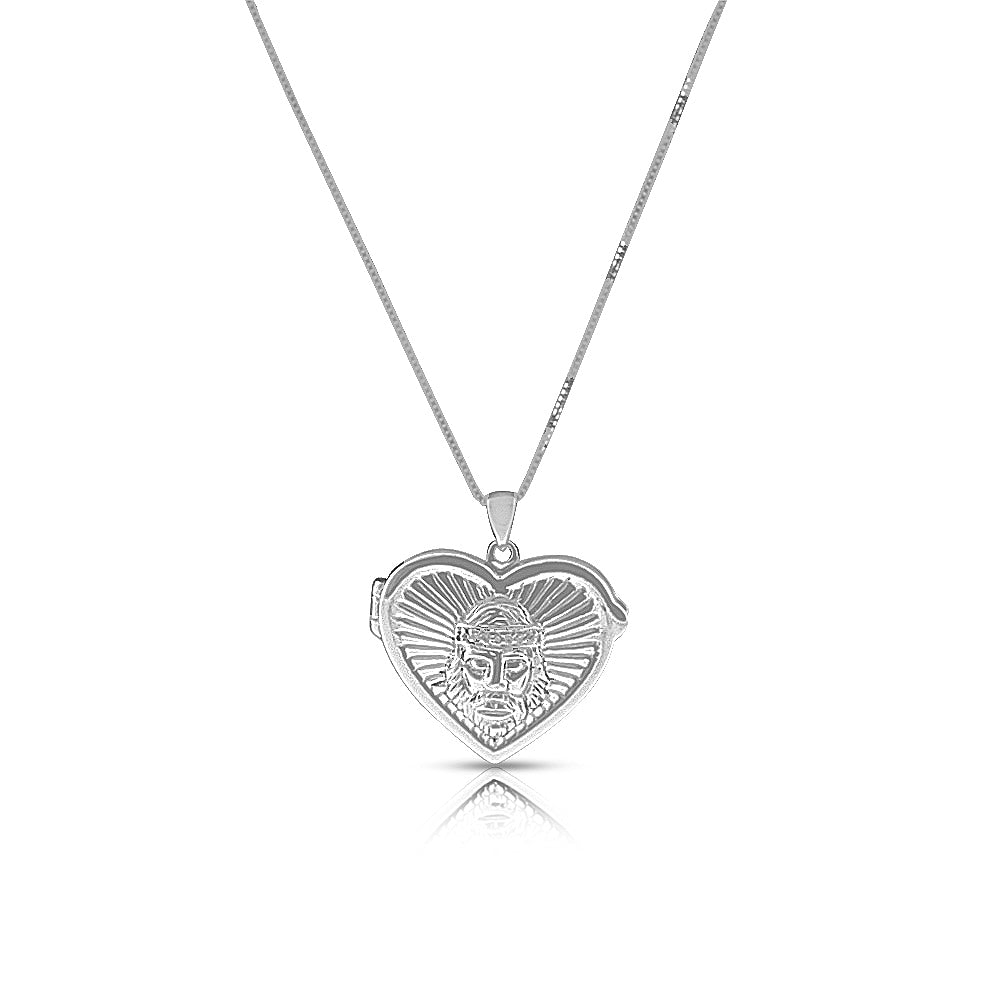 14K White Gold Jesus Love Heart Locket Necklace Pendant , 18"
