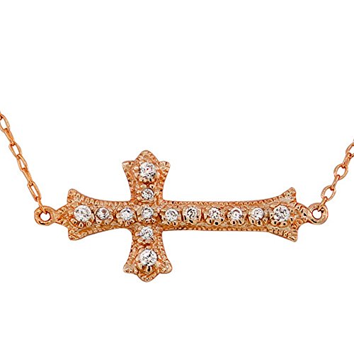 Sterling Silver Rose Gold-Tone Horizontal Sideways Religious Cross White CZ Pendant Necklace