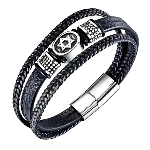 Men’s Black Braided Leather-Look Bracelet with Star of David Charm Jewish Heritage Jewelry