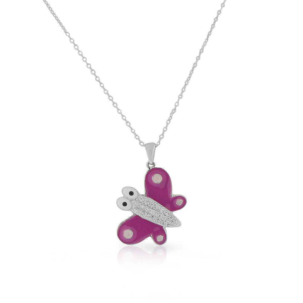 925 Sterling Silver Pink Enamel White Clear CZ Butterfly Pendant Necklace