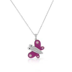 925 Sterling Silver Pink Enamel White Clear CZ Butterfly Pendant Necklace