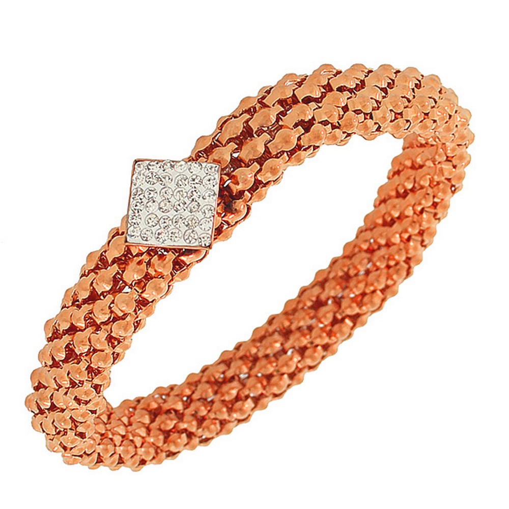Stainless Steel Rose Gold-Tone White CZ Stretch Mesh Bracelet