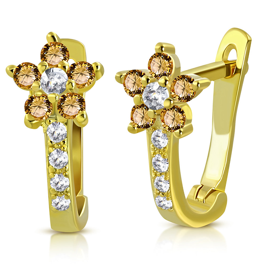 925 Sterling Silver Yellow Gold-Tone Brown CZ Small Girls Hoop Huggie Flower Floral Earrings, 0.5"
