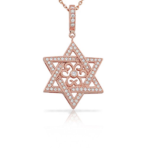 925 Sterling Silver Yellow Gold-Tone Jewish Star of David CZ Filigree Pendant Necklace