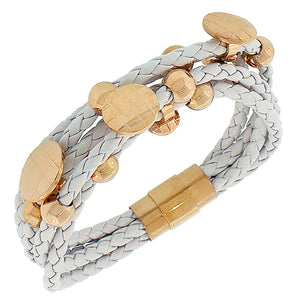 Fashion Alloy White Faux PU Leather Rose Gold-Tone Love Heart Multi-Row Layer Bracelet