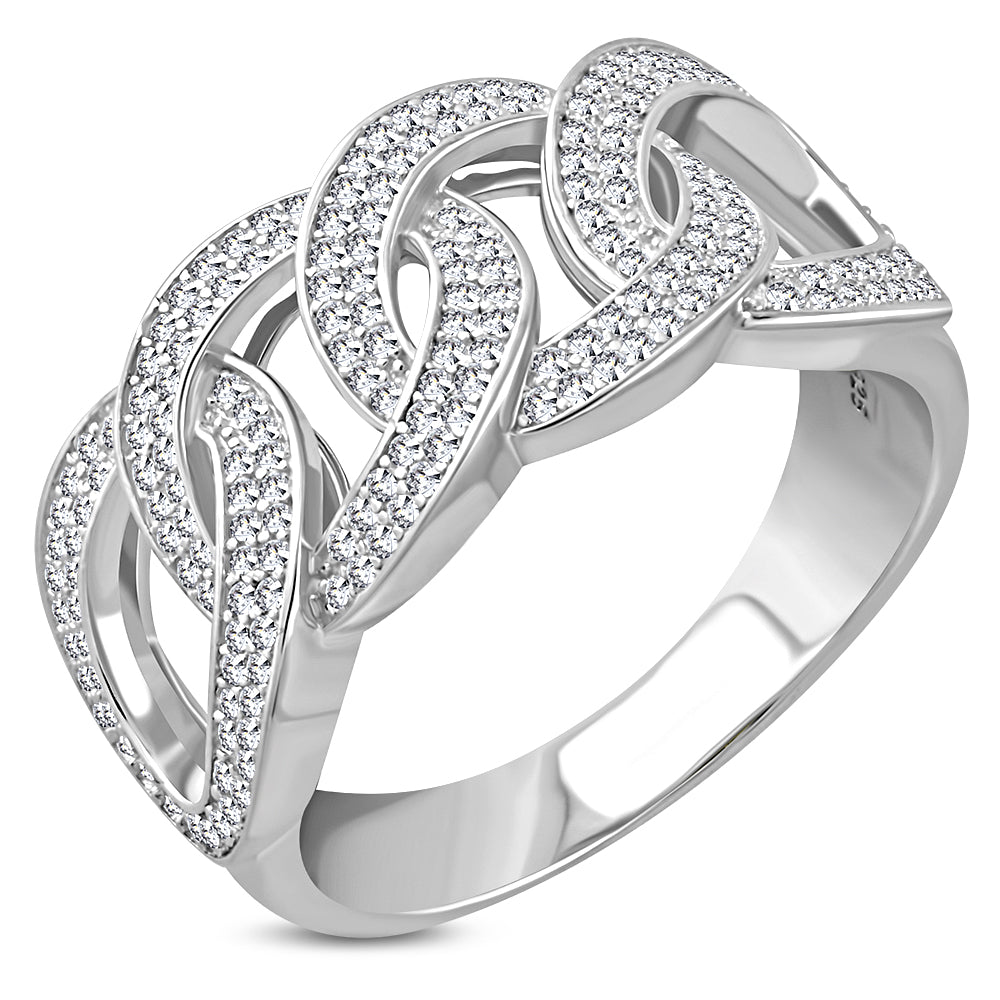 My Daily Styles 925 Sterling Silver Men's Silver-Tone Micro Pave White CZ Stone Chain Link Design Band Ring