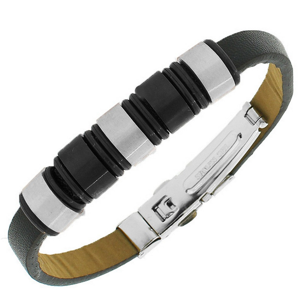 Stainless Steel Black Leather Silver-Tone Men's Bracelet
