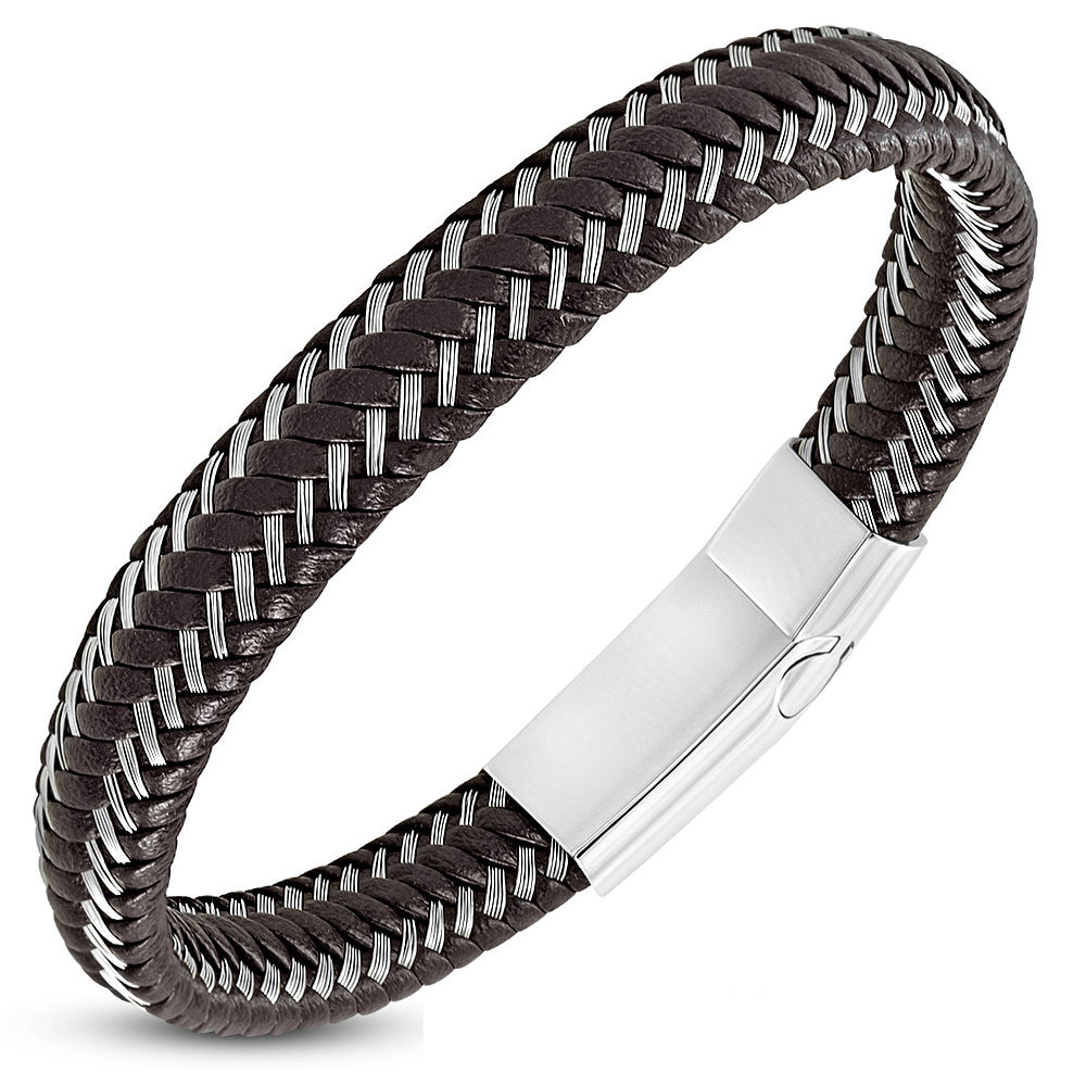 My Daily Styles Stainless Steel Black Leather Braided Wristband Bracelet, 8"