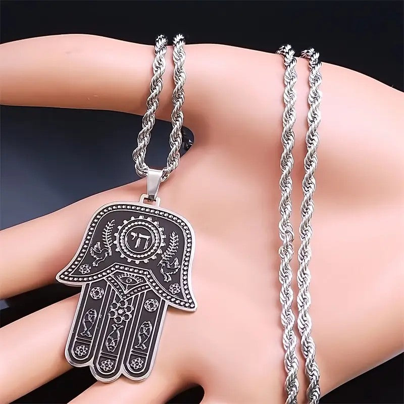 My Daily Styles Stainless Steel Chai Jewish Good Luck Hamsa Hand Necklace, 24 Inch Rope Chain, Black Oxidized Finish, 1.6 x 1.3 Inch Pendant