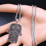 My Daily Styles Stainless Steel Chai Jewish Good Luck Hamsa Hand Necklace, 24 Inch Rope Chain, Black Oxidized Finish, 1.6 x 1.3 Inch Pendant