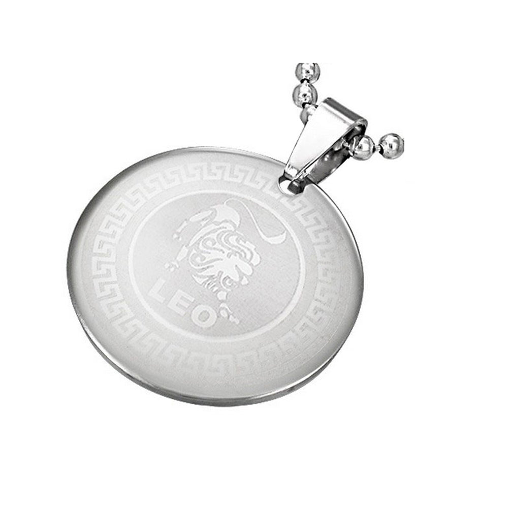 Stainless Steel Silver-Tone Greek Key Zodiac Sign Necklace Pendant - Leo