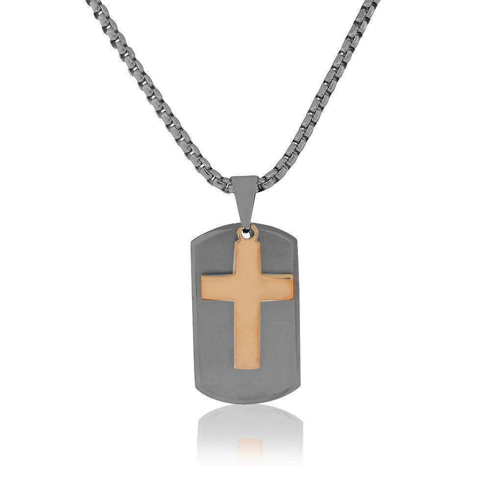 Stainless Steel Black Rose Gold-Tone Dog Tag Mens Cross Pendant Necklace