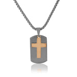 Stainless Steel Black Rose Gold-Tone Dog Tag Mens Cross Pendant Necklace