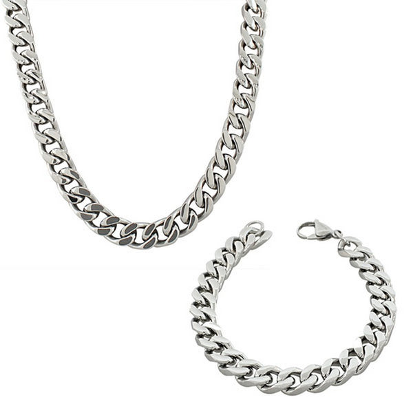 Stainless Steel Silver-Tone Mens Classic Cuban Link Chain Necklace Bracelet Set