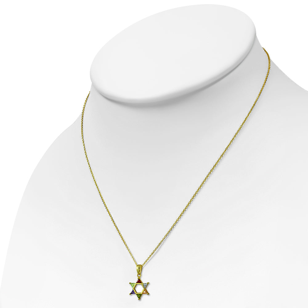925 Sterling Silver Yellow Gold-Tone Jewish Star of David Multicolor CZ Pendant Necklace