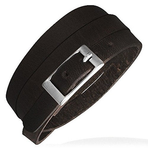 Black Leather Alloy Silver-Tone Belt Buckle Wristband Wrap Multi-Layer Bracelet