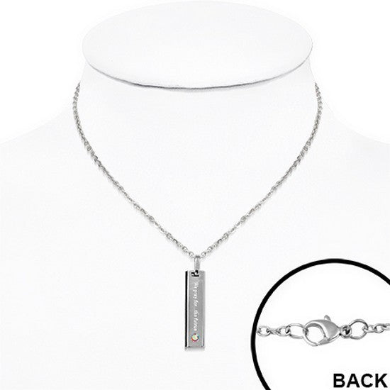 Stainless Steel Silver-Tone Pink CZ We Pray for the Future Pendant Necklace