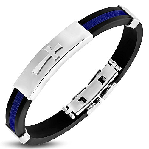 Stainless Steel Black Orange Rubber Greek Key Cross Mens Bracelet