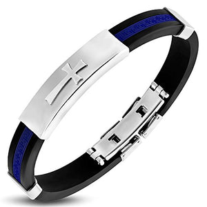 Stainless Steel Black Orange Rubber Greek Key Cross Mens Bracelet