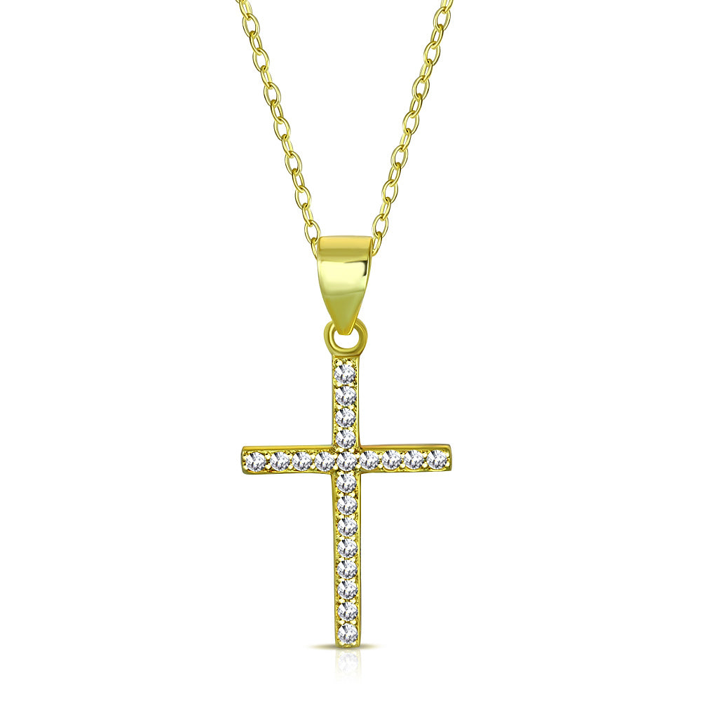 925 Sterling Silver Clear CZ Religious Cross Pendant Necklace, 18"