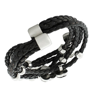 Fashion Alloy Black Faux PU Leather Silver-Tone Love Heart Multi-Row Layer Bracelet