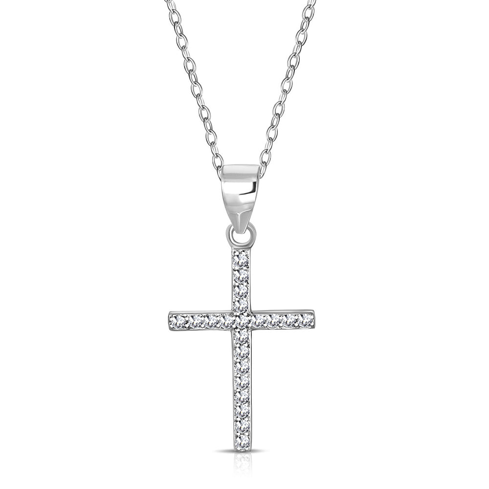 925 Sterling Silver Clear CZ Religious Cross Pendant Necklace, 18"