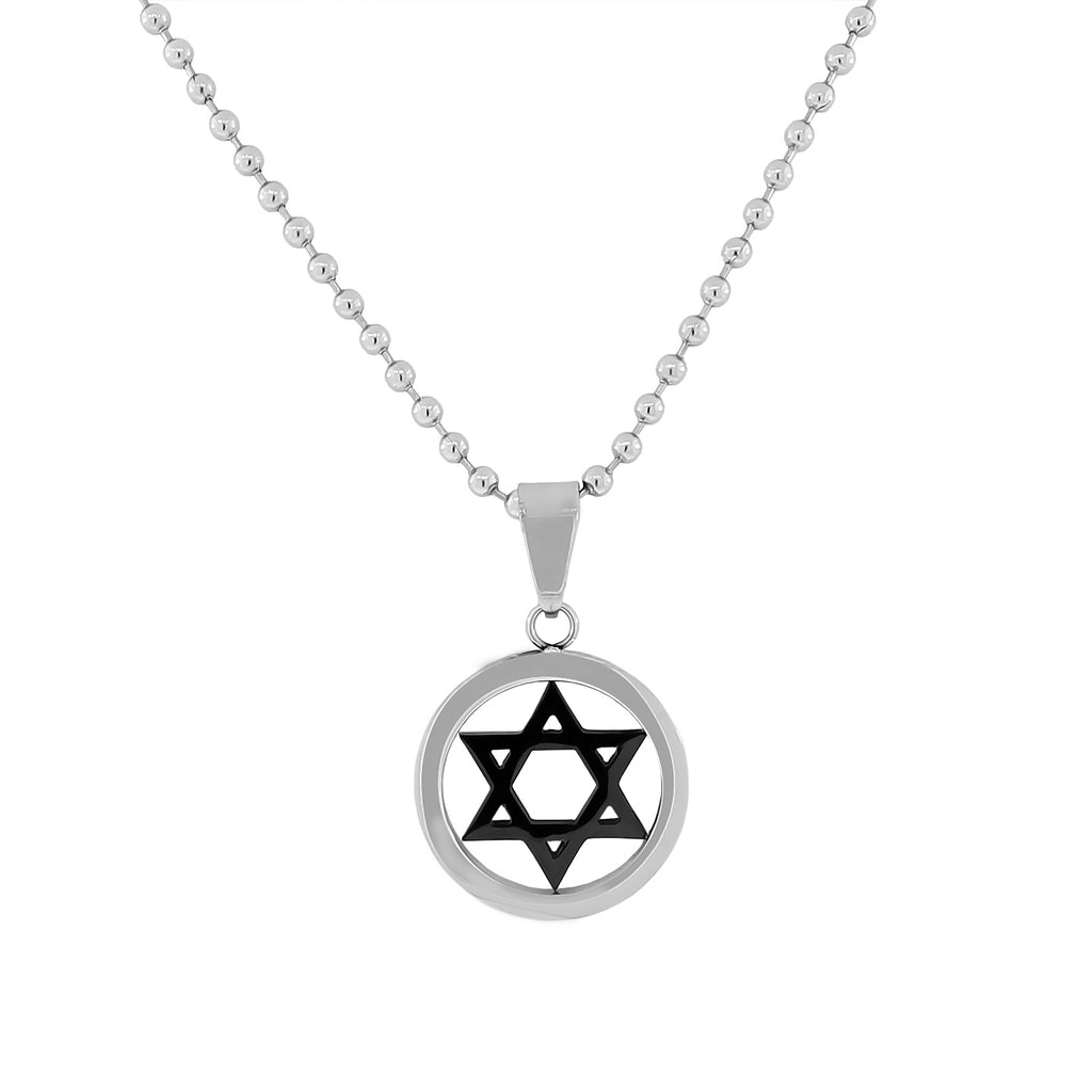 Stainless Steel Silver Black Two-Tone Classic Jewish Star of David Mens Boys Pendant Necklace