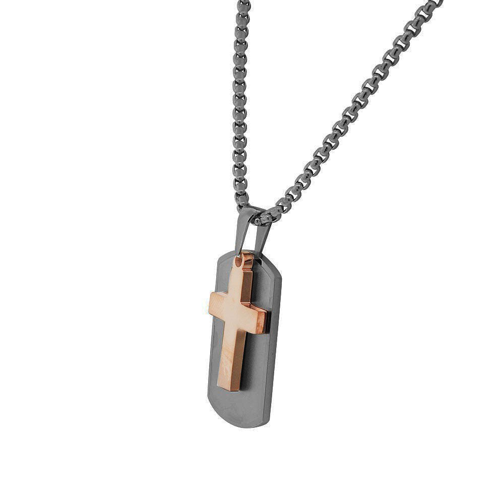 Stainless Steel Black Rose Gold-Tone Dog Tag Mens Cross Pendant Necklace