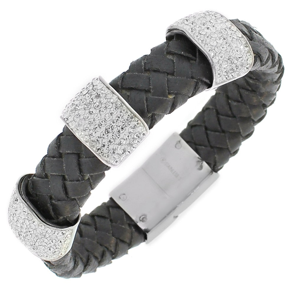 Stainless Steel Black Leather Silver-Tone White CZ Men's Bracelet