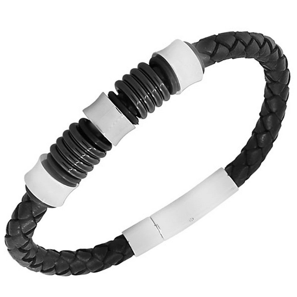 Stainless Steel Black Faux PU Leather Silver-Tone Men's Bracelet