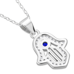 My Daily Styles 925 Sterling Silver CZ Small Hamsa Pendant Necklace with Blue CZ Accent - Adjustable Chain 16"-18"