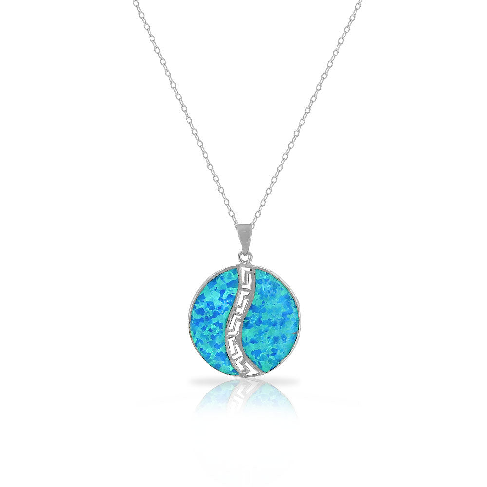 925 Sterling Silver Blue Turquoise-Tone Simulated Opal Greek Key Round Pendant Necklace