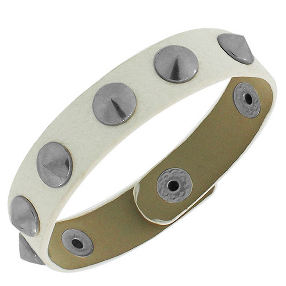 White PU Leather Silver-Tone Spikes Snap Wristband Unisex Bangle Bracelet
