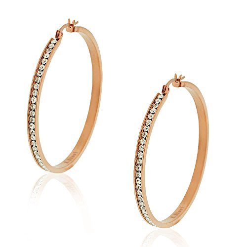 Stainless Steel Rose Gold-Tone White Clear CZ Classic Round Hoops Earrings