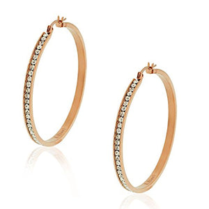 Stainless Steel Rose Gold-Tone White Clear CZ Classic Round Hoops Earrings