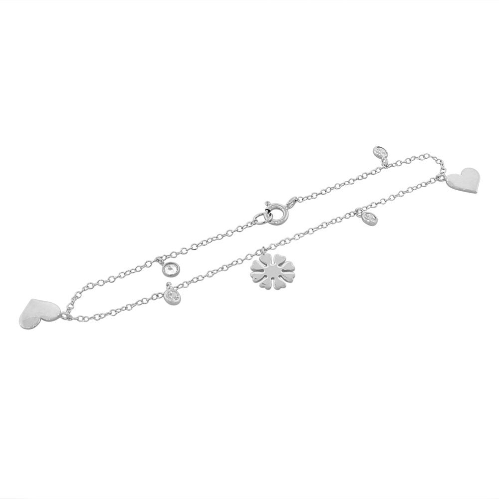 925 Sterling Silver White CZ Love Heart Flower Womens Girls Link Chain Bracelet