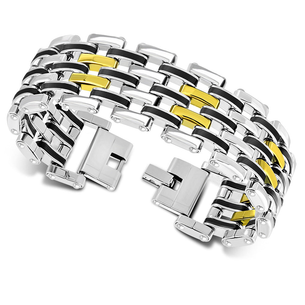 Stainless Steel Silver Gold Black Tri-color Wide Link Chain Men's Bracelet, 8"
