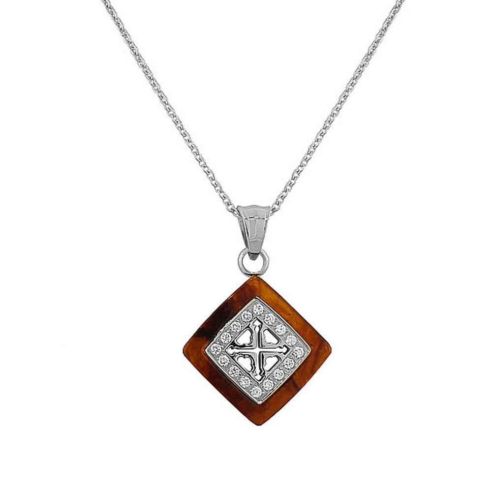 Stainless Steel Silver-Tone Simulated Amber White CZ Pendant Necklace