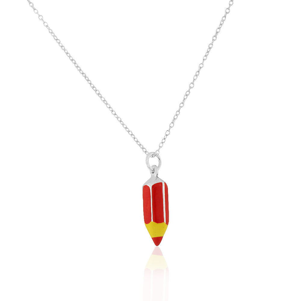 925 Sterling Silver 3D Red Enamel Pencil Crayon Charm Small Pendant Necklace