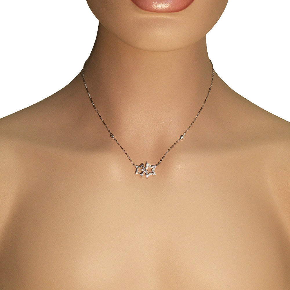 925 Sterling Silver White Clear CZ Bezel-set Two Double Star Stars Pendant Necklace