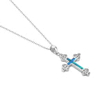 925 Sterling Silver Simulated Opal Religious Cross Pendant Necklace